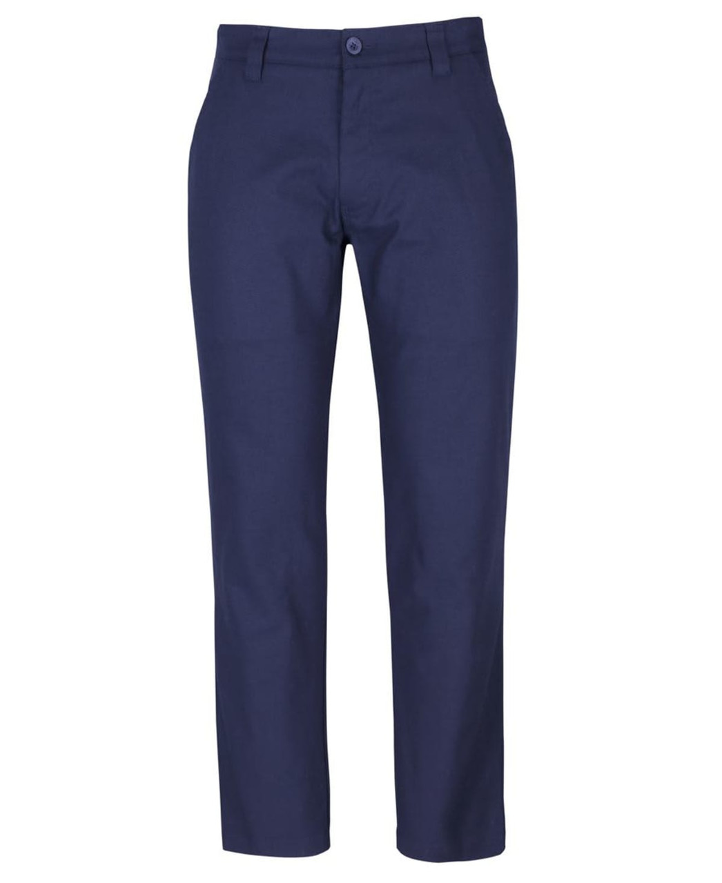 A pair of navy stretch canvas trousers with a button closure and standard pockets. The trousers have a sleek design.