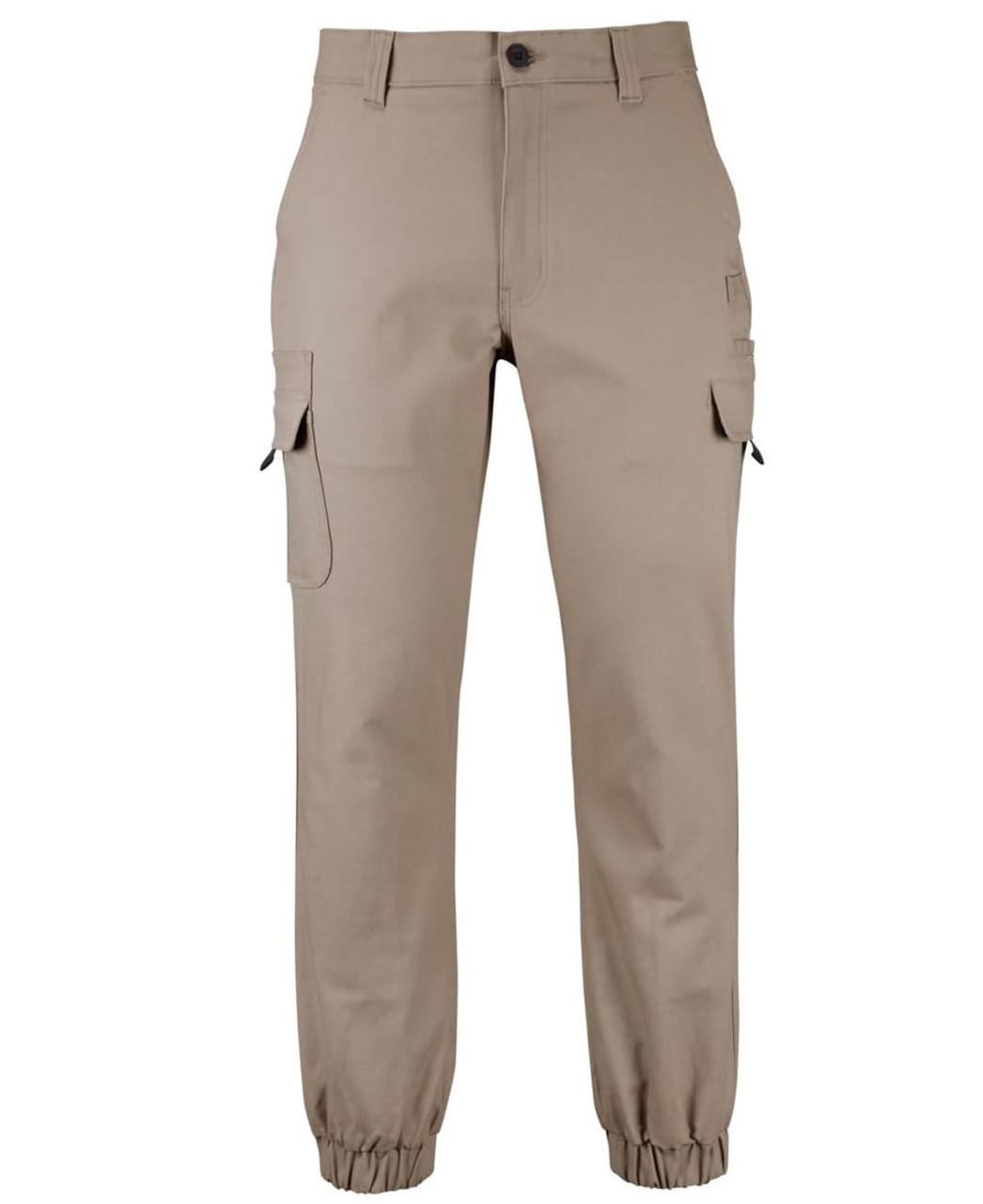 Khaki cargo joggers with multiple pockets and elastic cuffs. Features a logo on the fabric.
