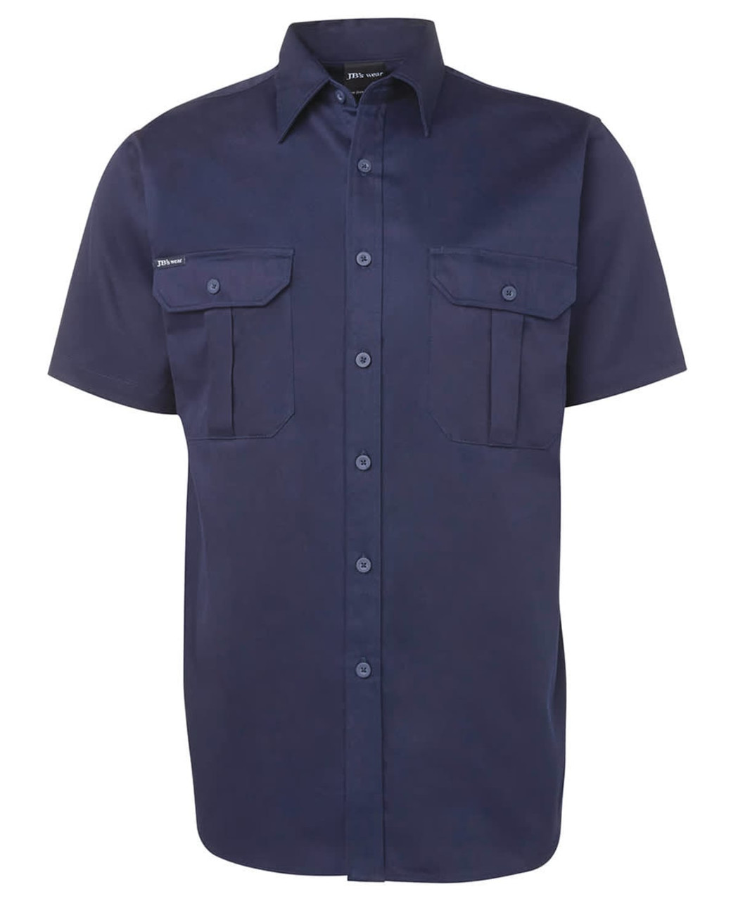 Short-sleeved navy work shirt with two front pockets and button closure. Features a logo on the label.