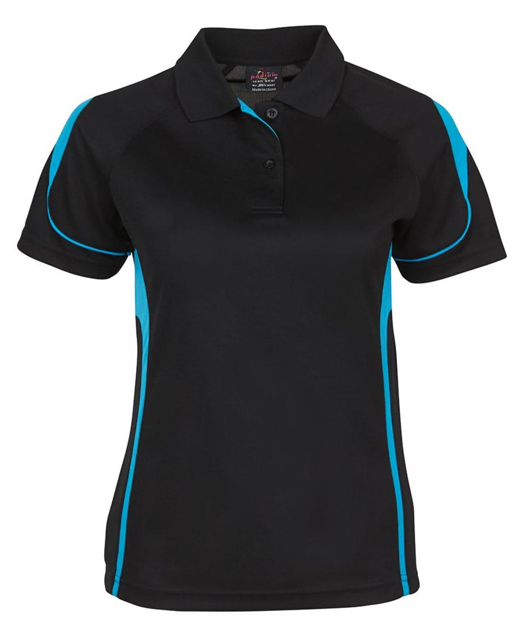 A black ladies' polo shirt featuring turquoise accents and a logo on the chest.