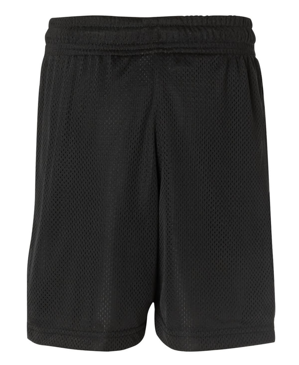 Black sports shorts with a mesh design and an elastic waistband, featuring a logo.