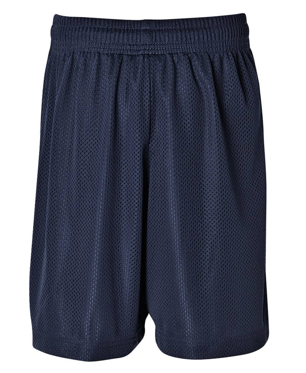 Navy sports shorts made from breathable mesh material, featuring an elastic waistband and a logo.