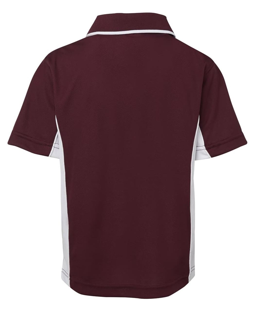 A maroon polo shirt with white accents and a collar, featuring a logo on the front.