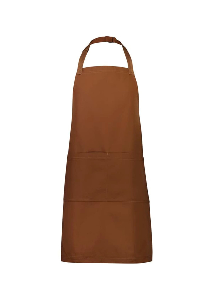 A brown apron featuring a large pocket and an adjustable neck strap. It has a simple design and a logo.