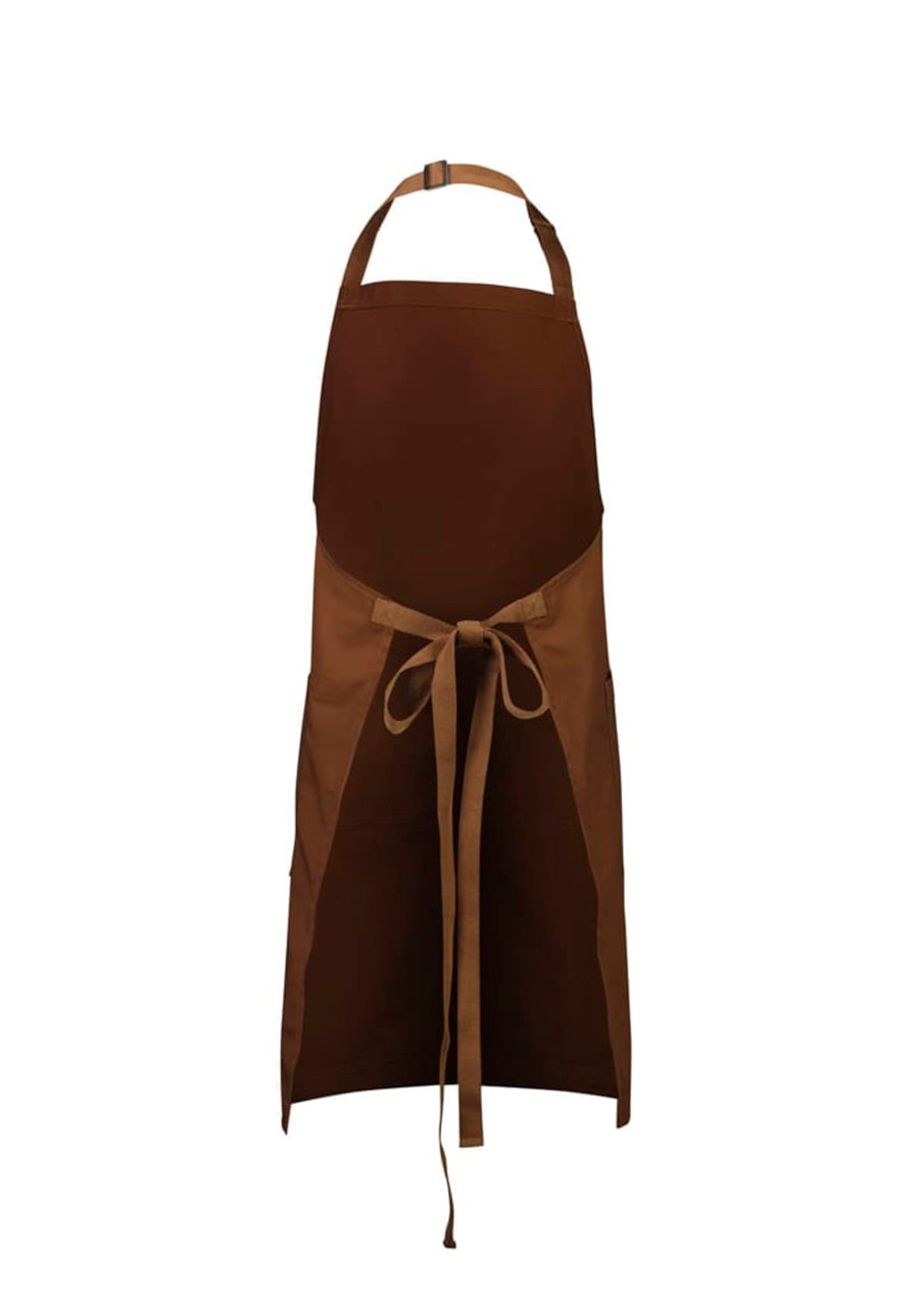 A brown Barley Apron with a waist tie and pockets, featuring a logo on the front.