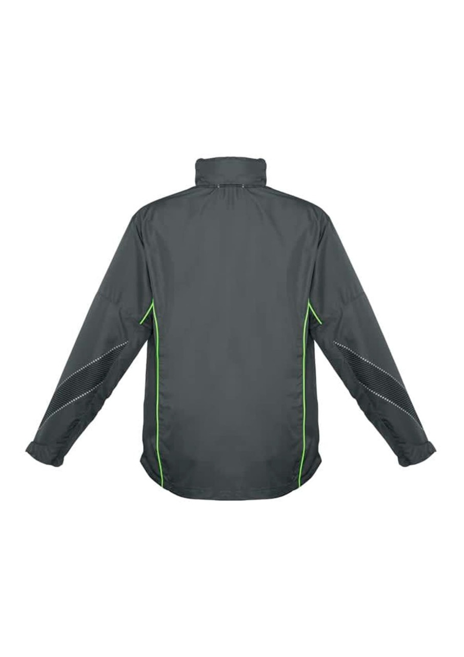 A grey jacket with long sleeves and lime green accents, featuring a logo on the back.