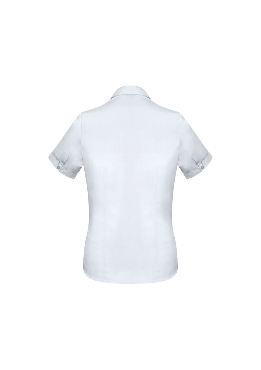 A short sleeve women's button-up shirt in light grey, featuring rolled cuff details and a logo.