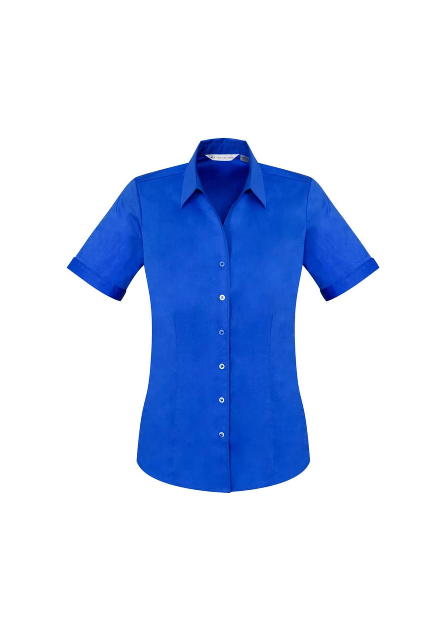 A women's short sleeve button-up shirt in bright blue, featuring a collar and a logo on the chest.