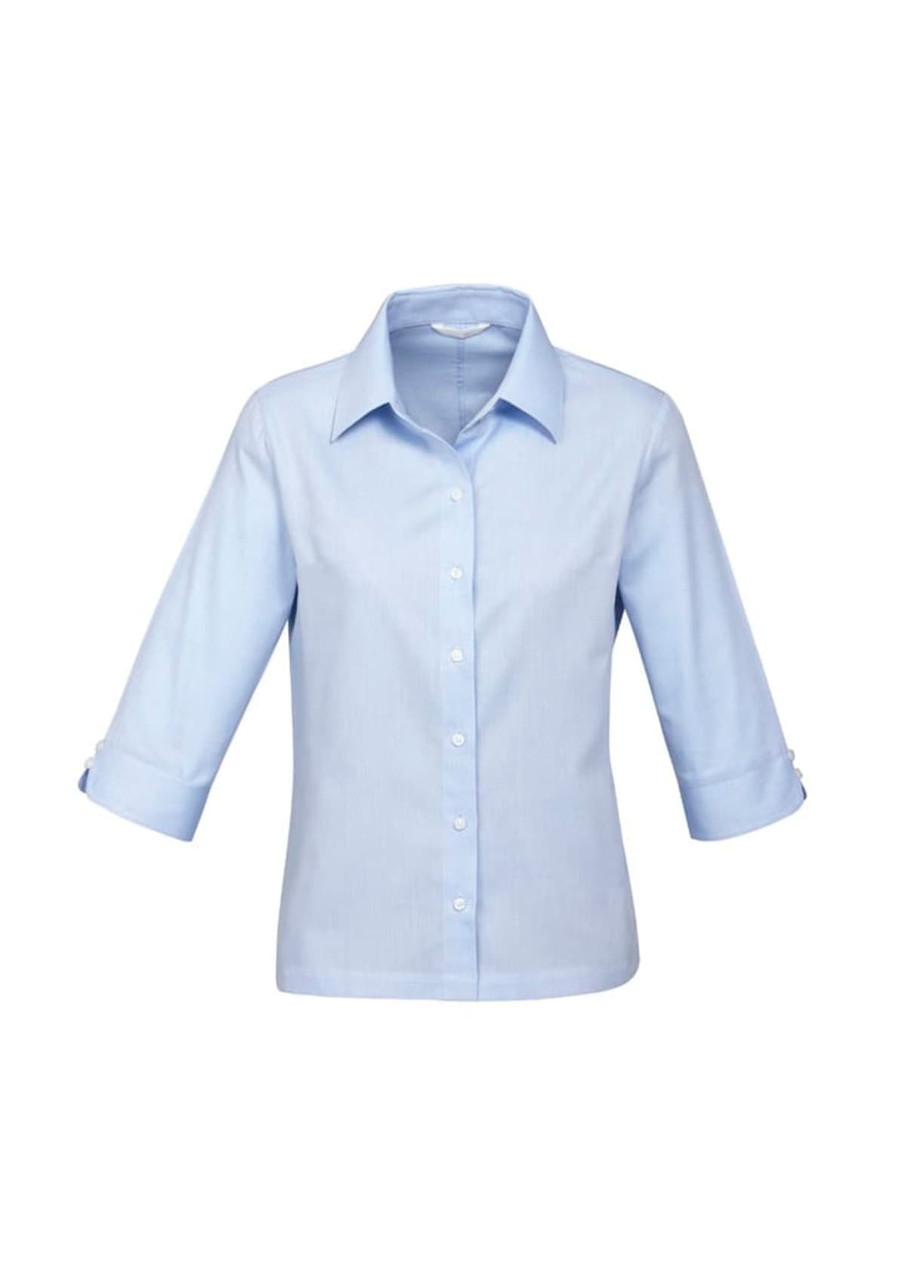 A light blue women's button-up shirt with 3/4 sleeves, featuring a collar and rolled cuffs.