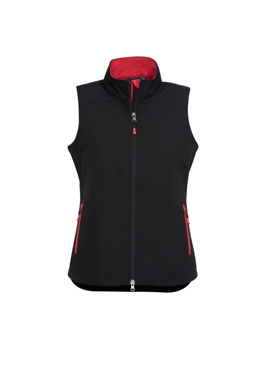 A black women's vest with a red inner lining and zippered pockets, featuring a front zip and a sporty design.