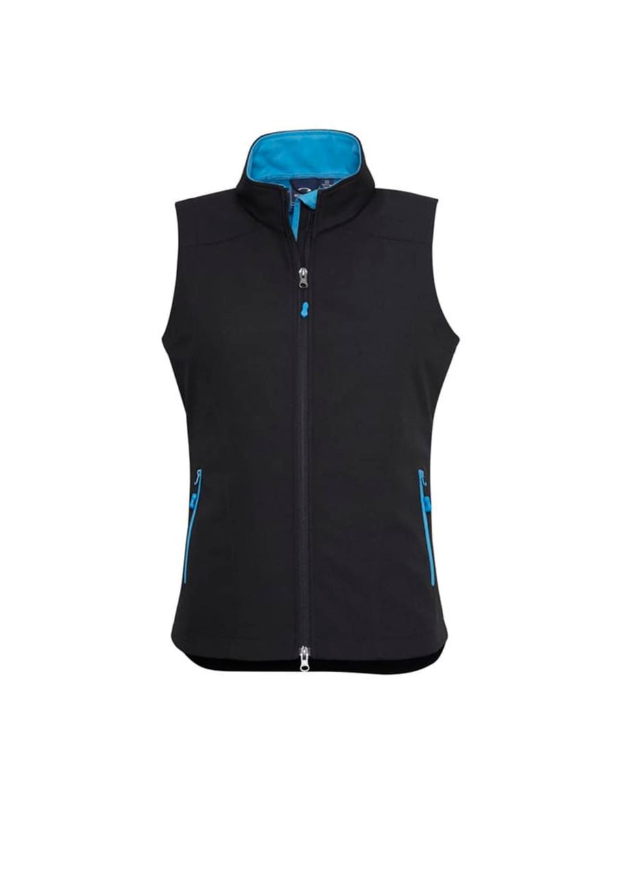 A black women's vest featuring a zip front and blue accents, with two side pockets and a high collar.