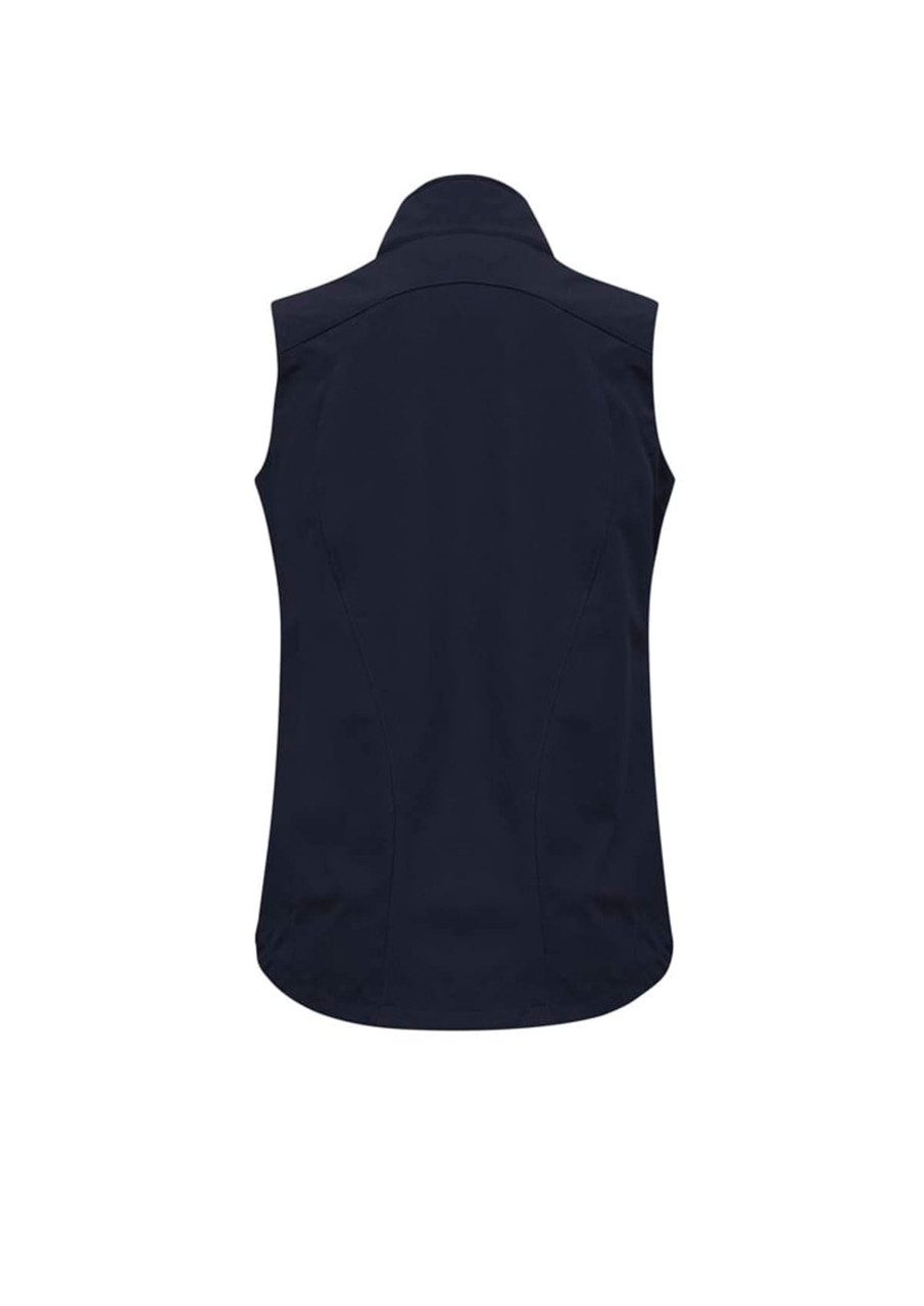 A navy women's vest with a collar and a fitted design, featuring a branding logo.