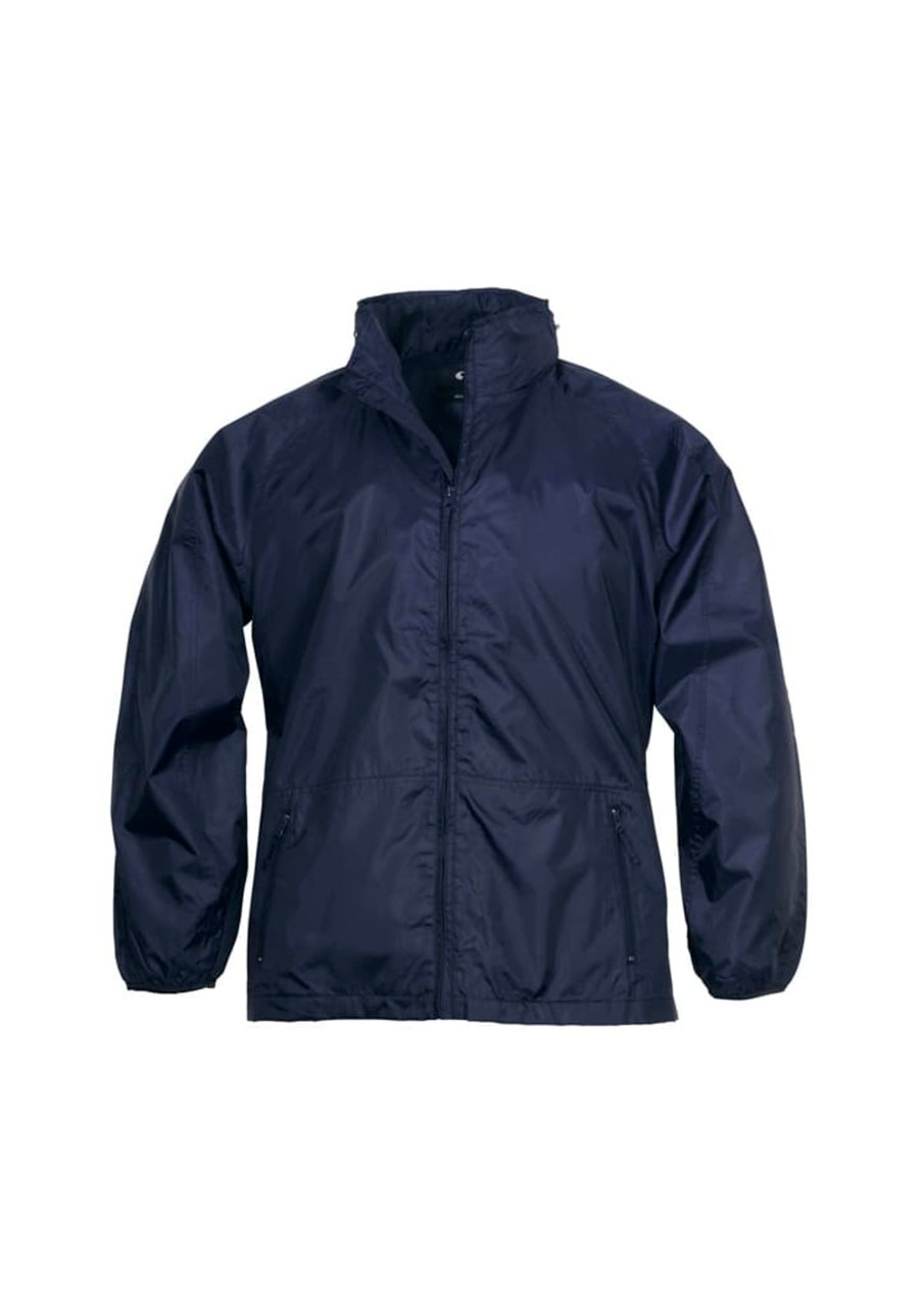 A navy unisex spinnaker jacket with long sleeves and a zip front, featuring a logo on the chest.