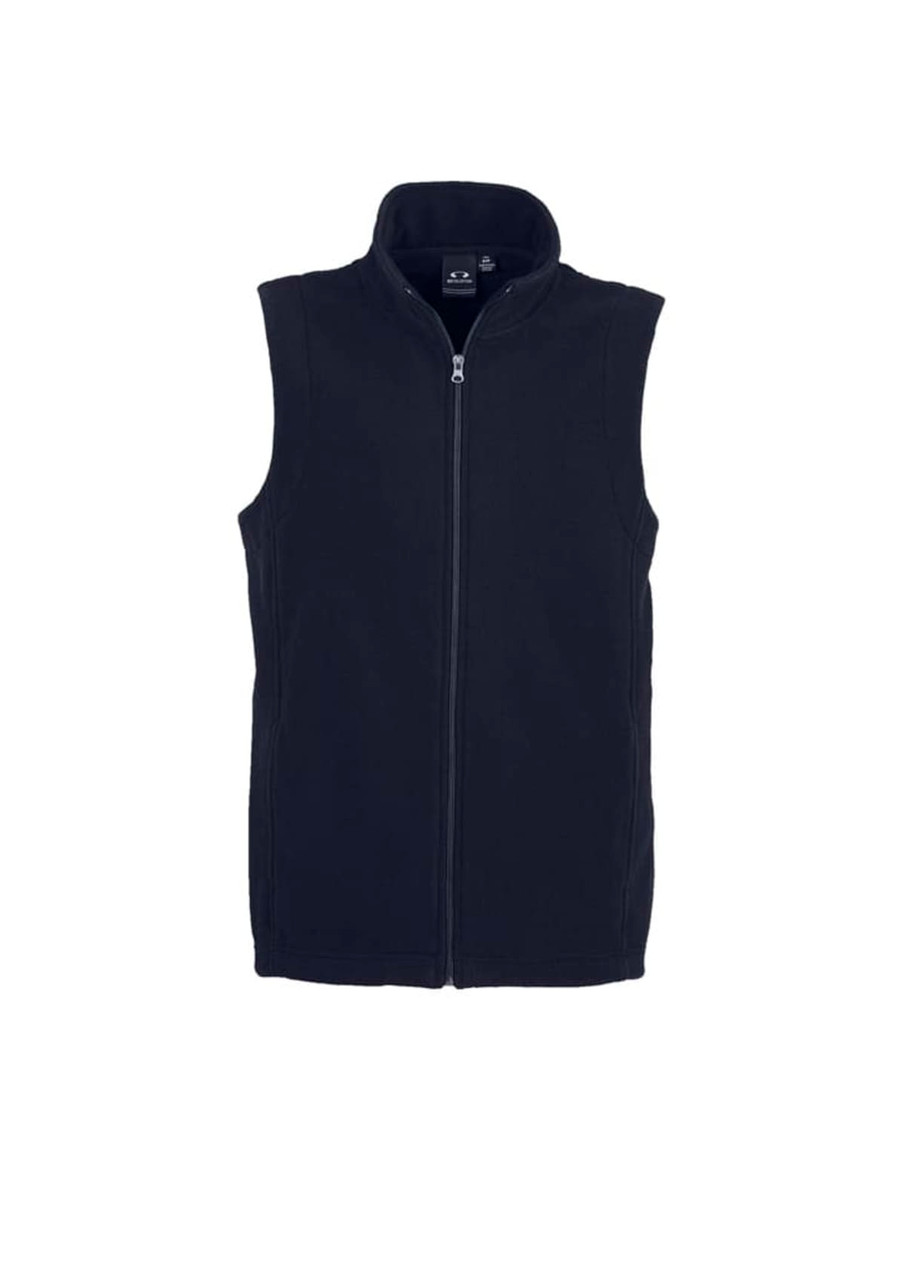 A plain navy micro fleece vest with a zip front and no sleeves, featuring a logo on the collar.