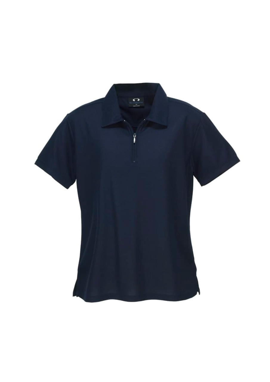 A navy women's micro waffle short sleeve polo shirt with a zippered collar and a brand logo.