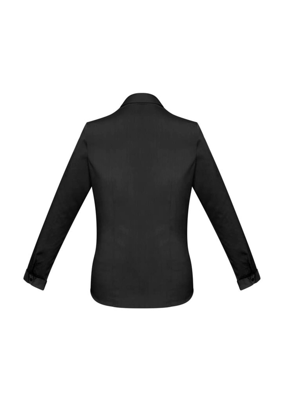 A women's long sleeve button-up shirt in black, featuring a classic collar and button cuffs.