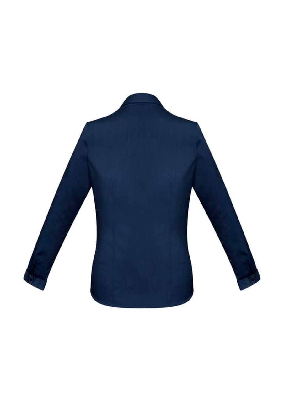 A navy blue long sleeve button-up shirt with a structured collar and cuffs. It features a branding logo.
