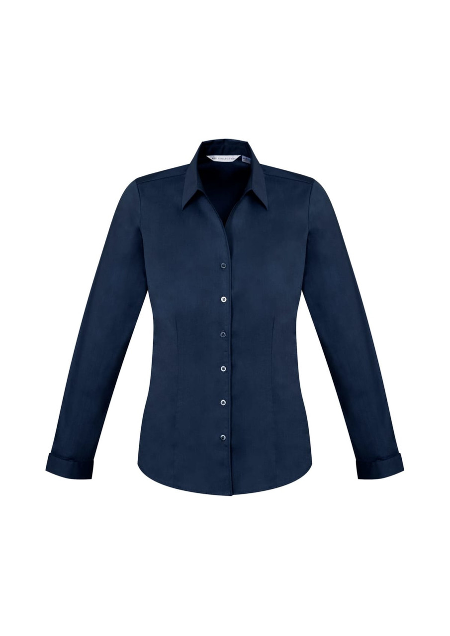 A women's long sleeve button-up shirt in navy blue, featuring a fitted design and a collar, with a logo present.