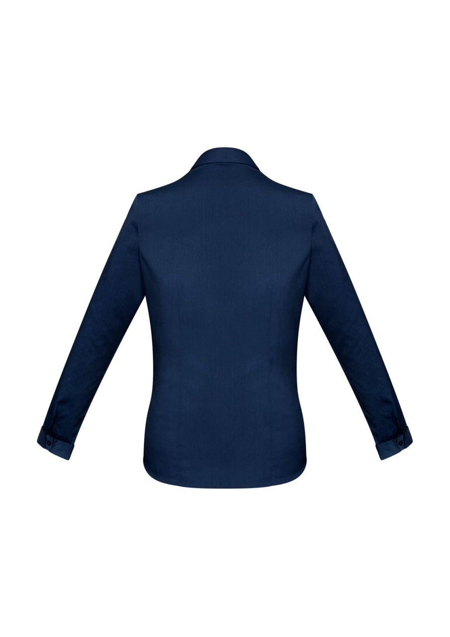 A navy women's button-up shirt featuring long sleeves and a classic collar, with a branded logo.