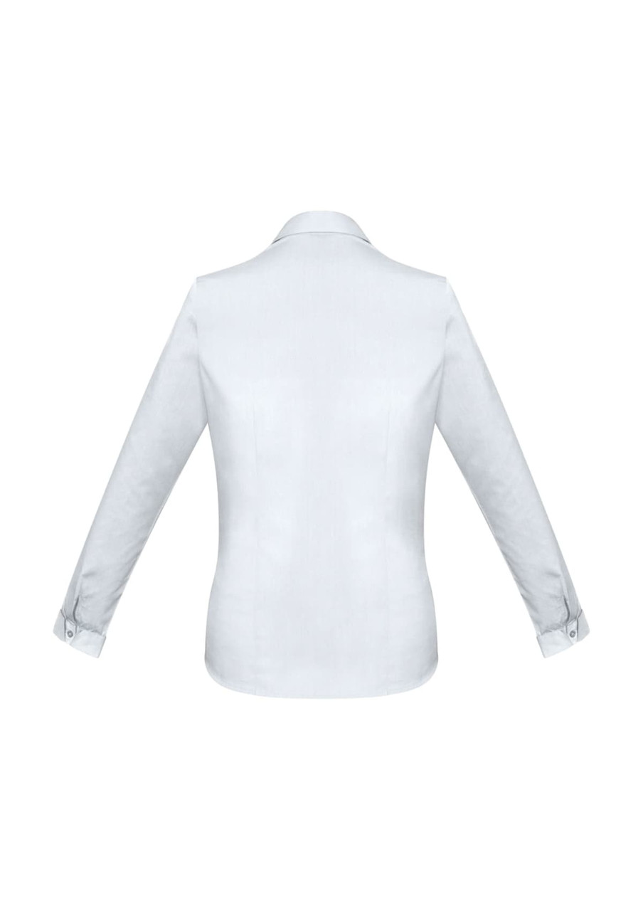 A white long sleeve button-up shirt with a collared neckline and cuffs. The back view highlights its tailored design.