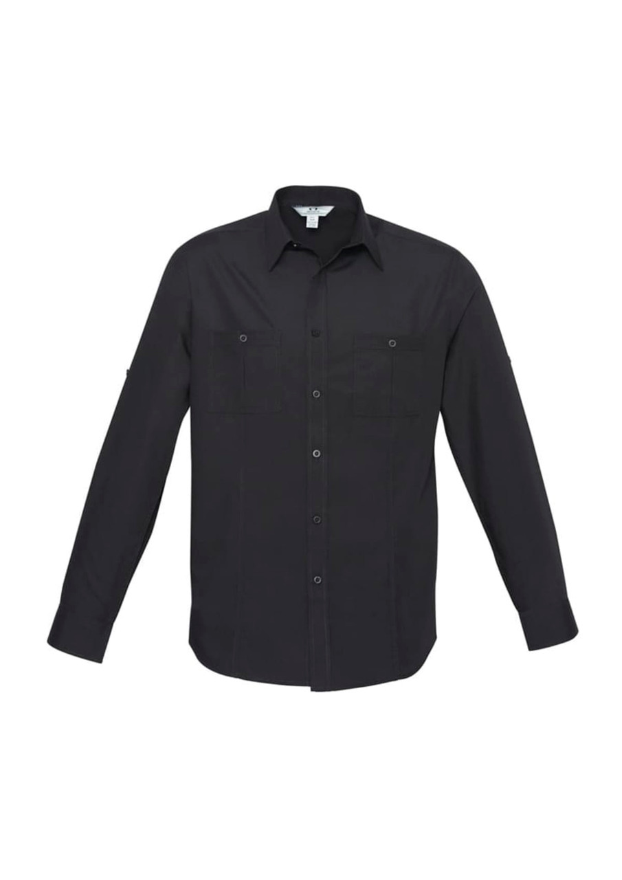 A black long sleeve button-up shirt featuring two chest pockets and a logo.