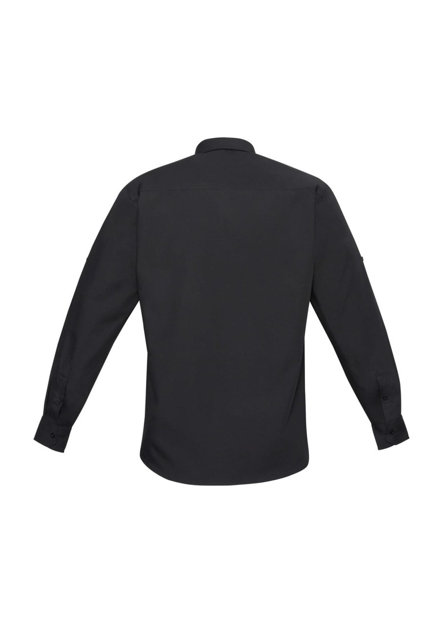 A black long sleeve button-up shirt with a collar and buttoned cuffs, featuring a small logo.