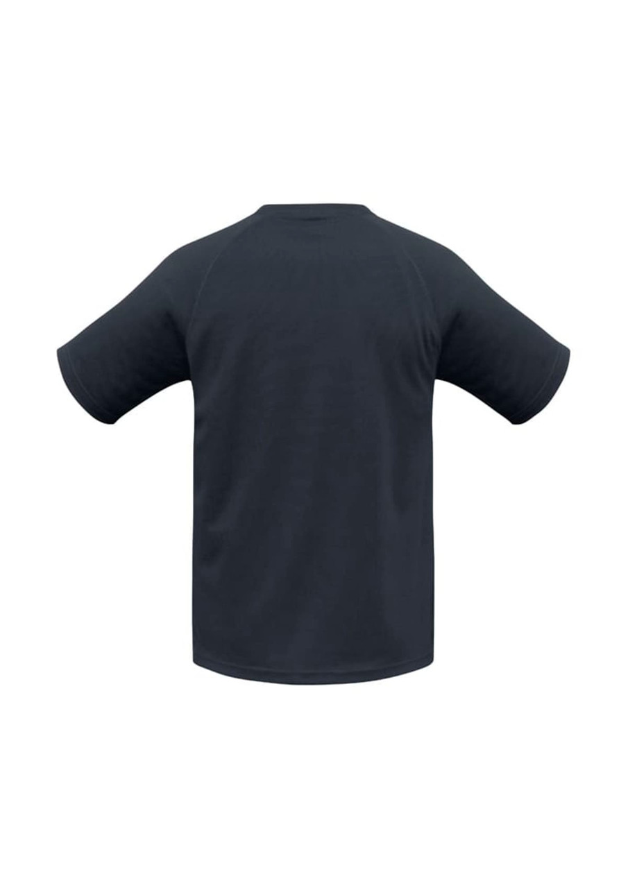 A black short sleeve tee with raglan sleeves and a logo on the back.
