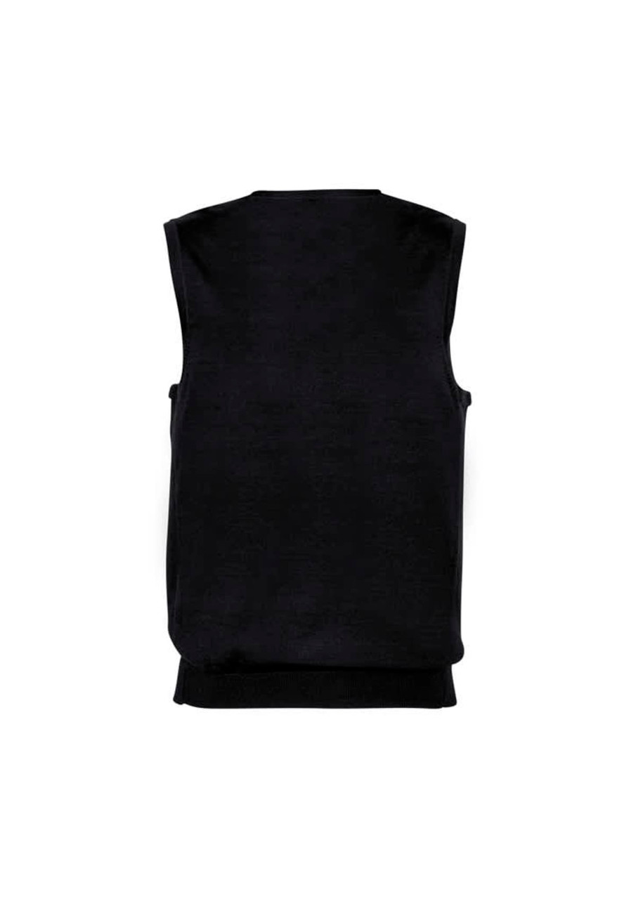 A black Milano men's vest with a sleek, sleeveless design and ribbed hem. It features a branding logo.