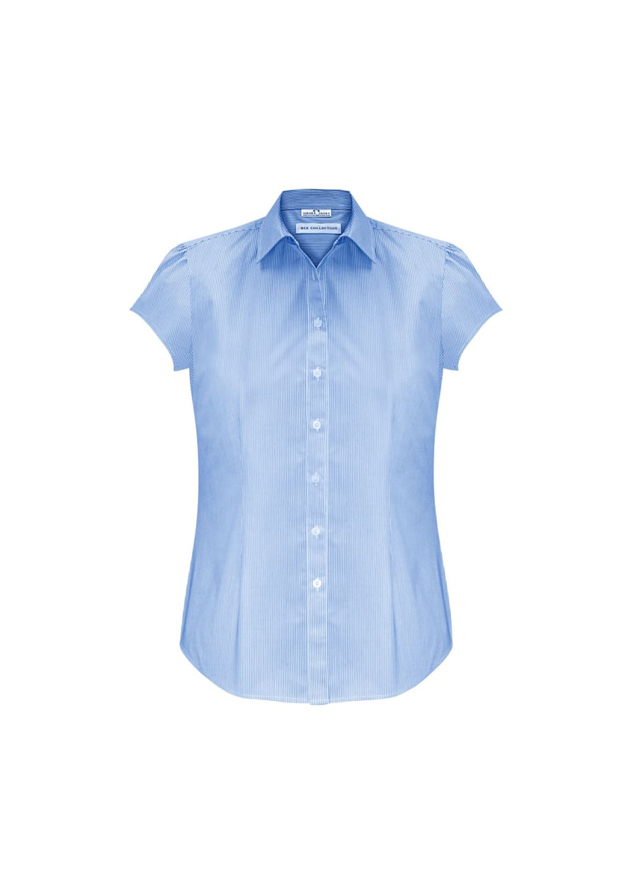 A light blue women's short sleeve button-up shirt with a fitted design and a collar. It features a logo on the label.