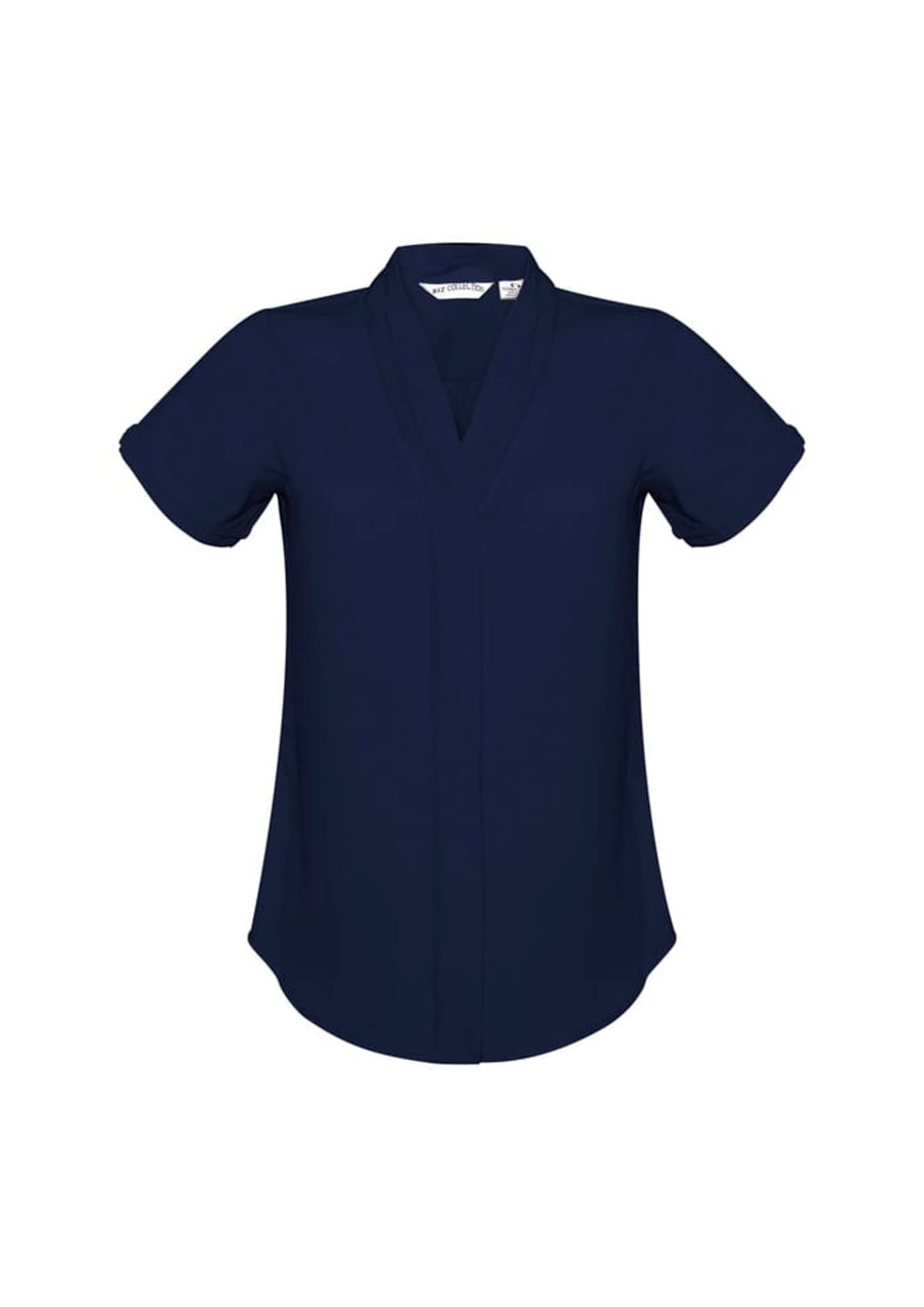 A navy blue women's button-up shirt with short sleeves and a v-neck design. It features a logo.