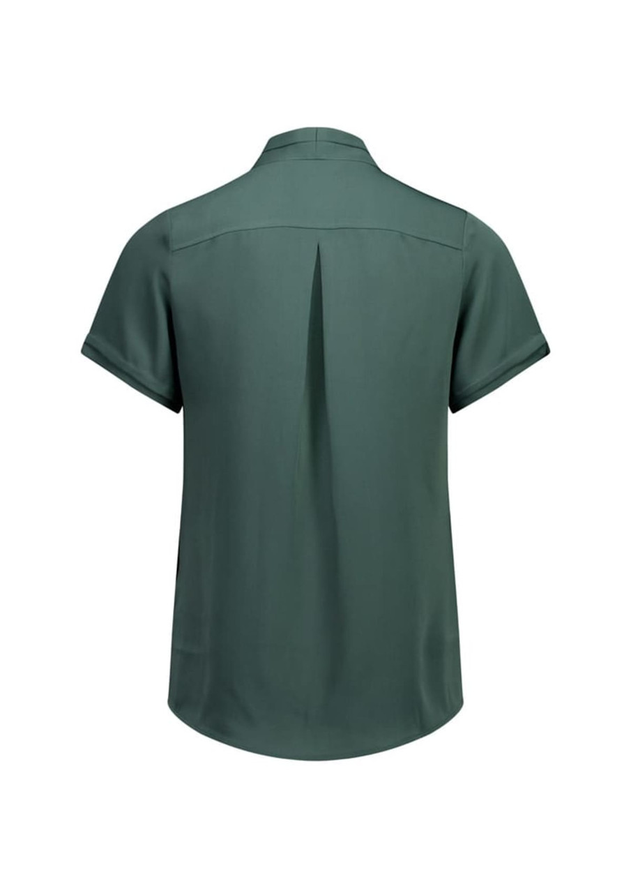 A green women's button-up shirt featuring short sleeves and a back pleat design. It has a logo on the label.