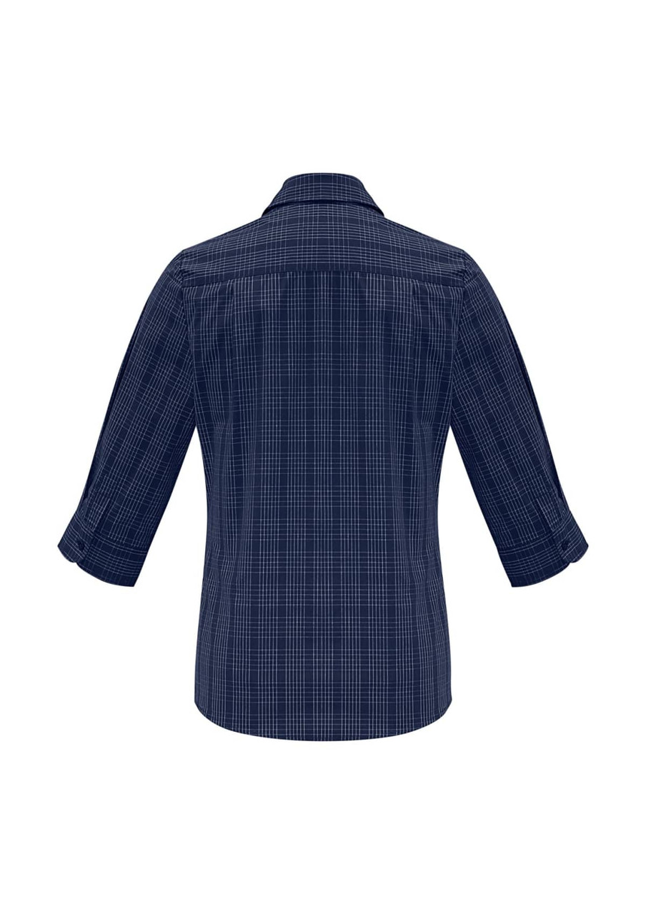 A navy blue women's button-up shirt with 3/4 sleeves and a checked pattern, featuring a logo.