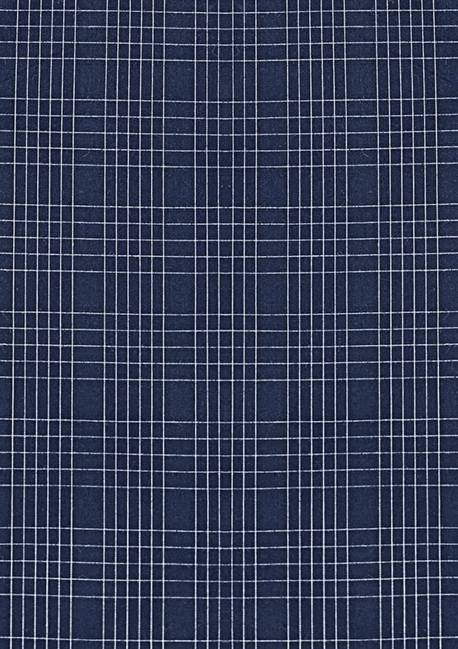 A patterned fabric featuring dark navy and white checked designs, suitable for a button-up shirt.