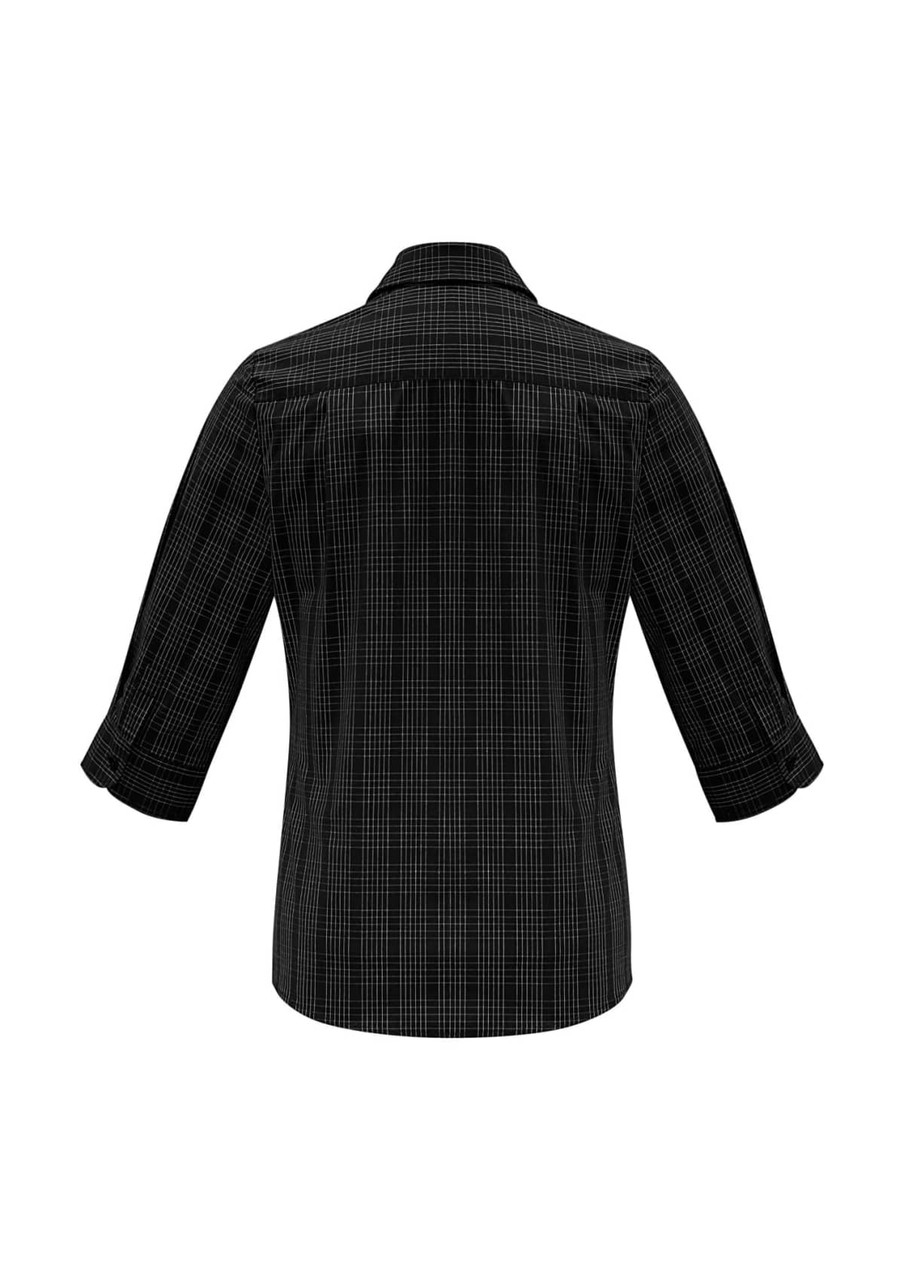 A black and white checkered women's button-up shirt with 3/4 sleeves and a collar, featuring a logo.