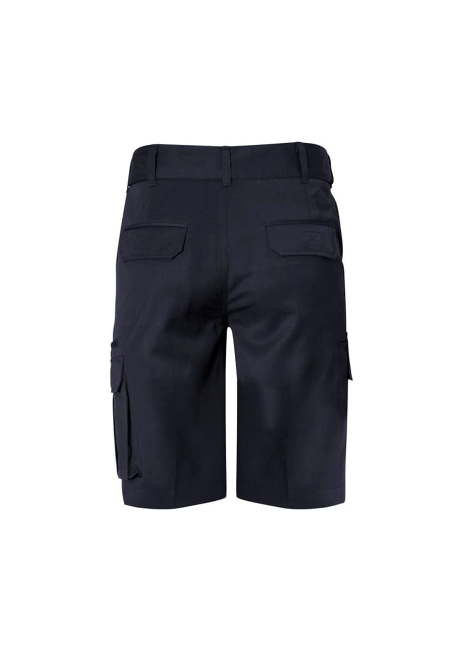 A pair of navy dress shorts featuring multiple pockets and a branded logo on the back.