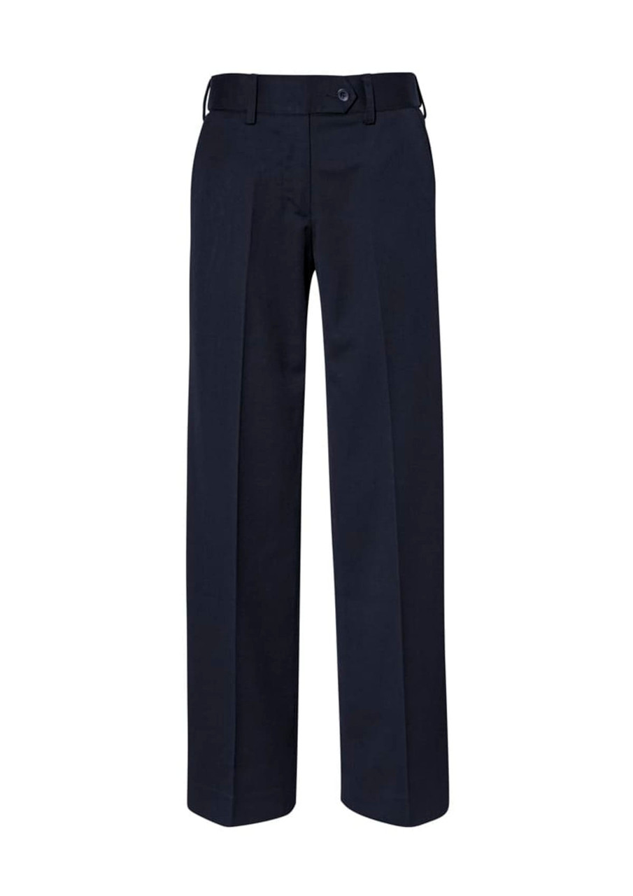 A pair of dark navy women's pants with a straight fit, featuring a waistband and button closure.