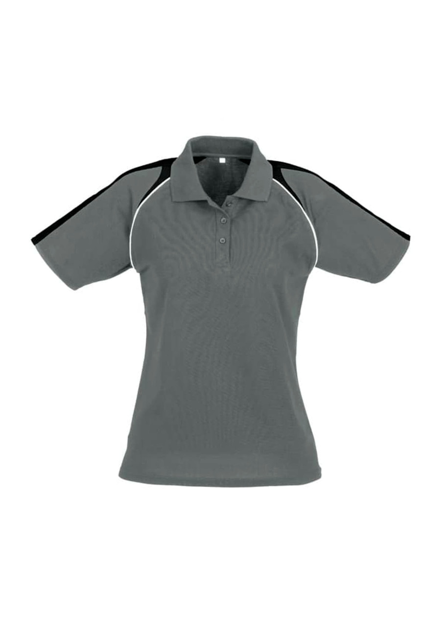 Women's short sleeve polo shirt in grey with black and white accent details; features a collar and a logo.