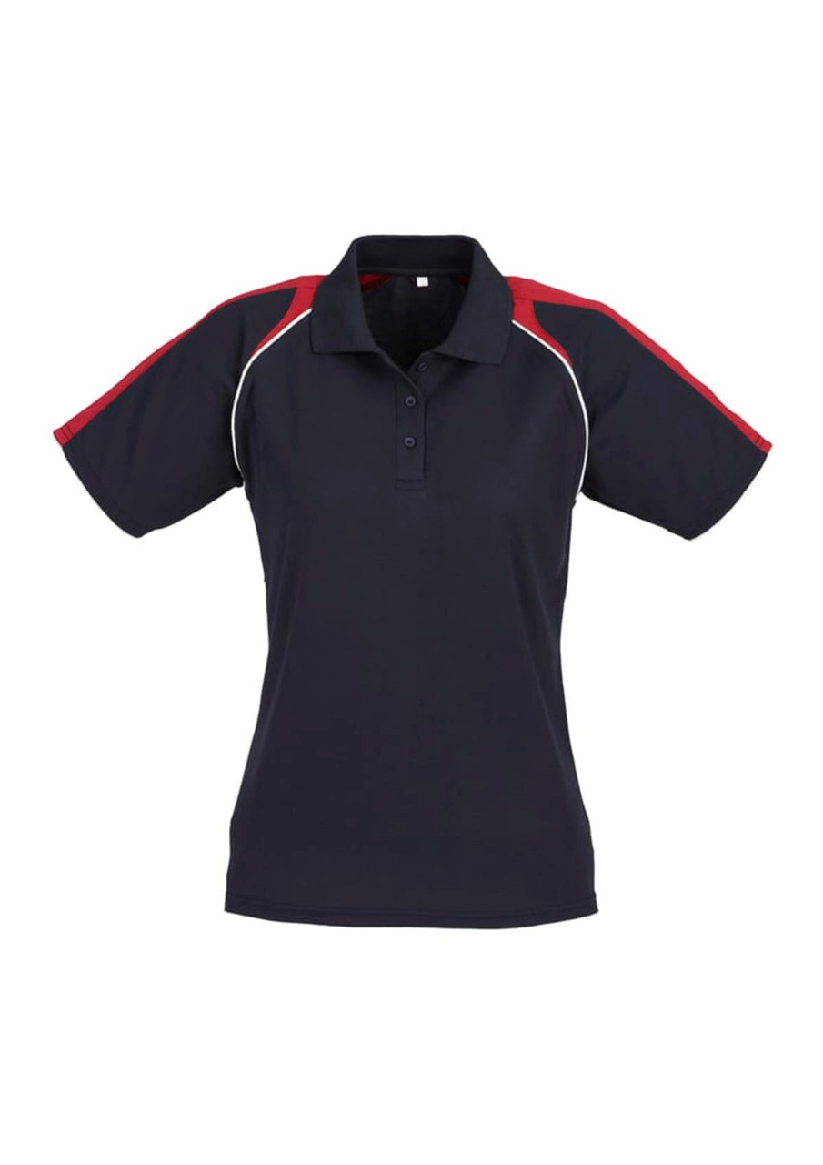 A women's short sleeve polo shirt featuring a navy body with red shoulders and white detailing, including a logo.