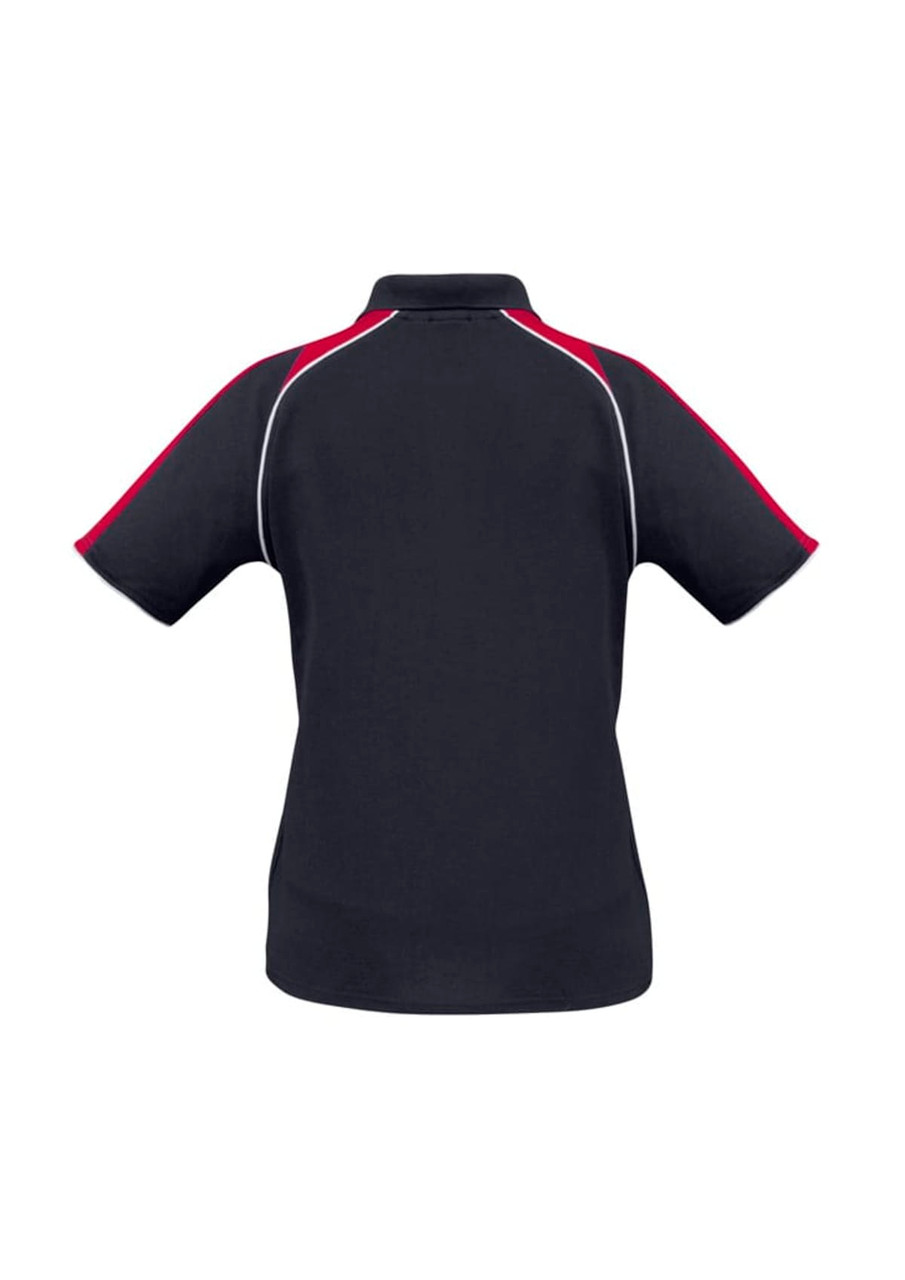 A women's short sleeve polo shirt in navy with red accents and a logo. Features a classic polo collar and sporty design.