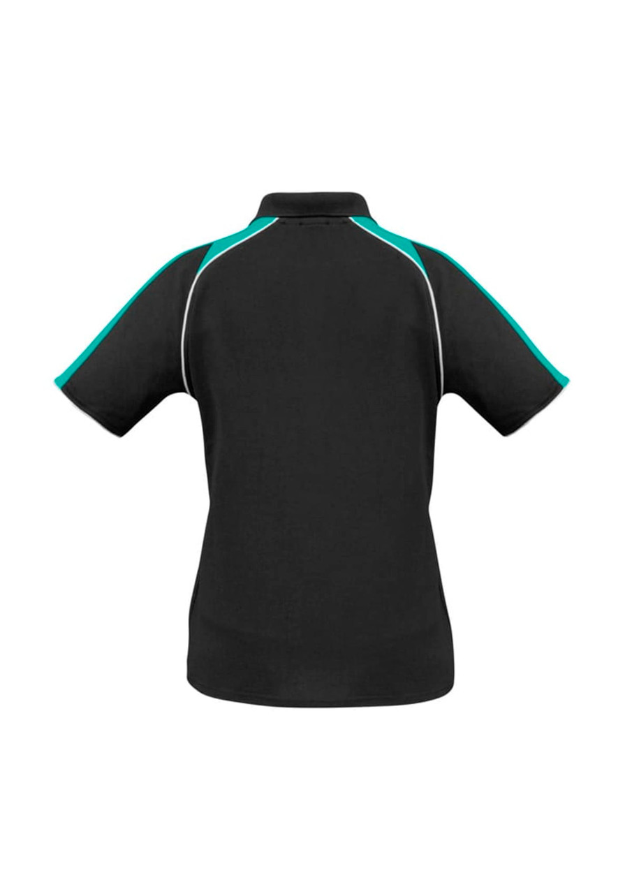 A black women's polo shirt with teal accents, featuring a logo on the back.