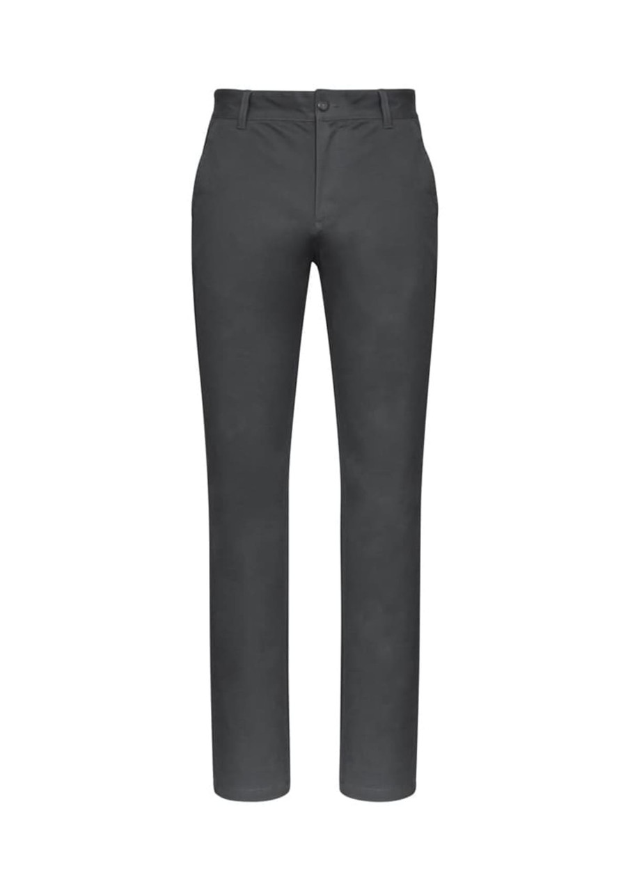 A pair of grey chino pants with a fitted design, featuring pockets and a front button closure.