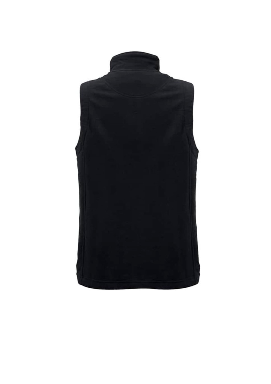 A plain black women's micro fleece vest with a high collar, featuring a smooth back design and side seams.