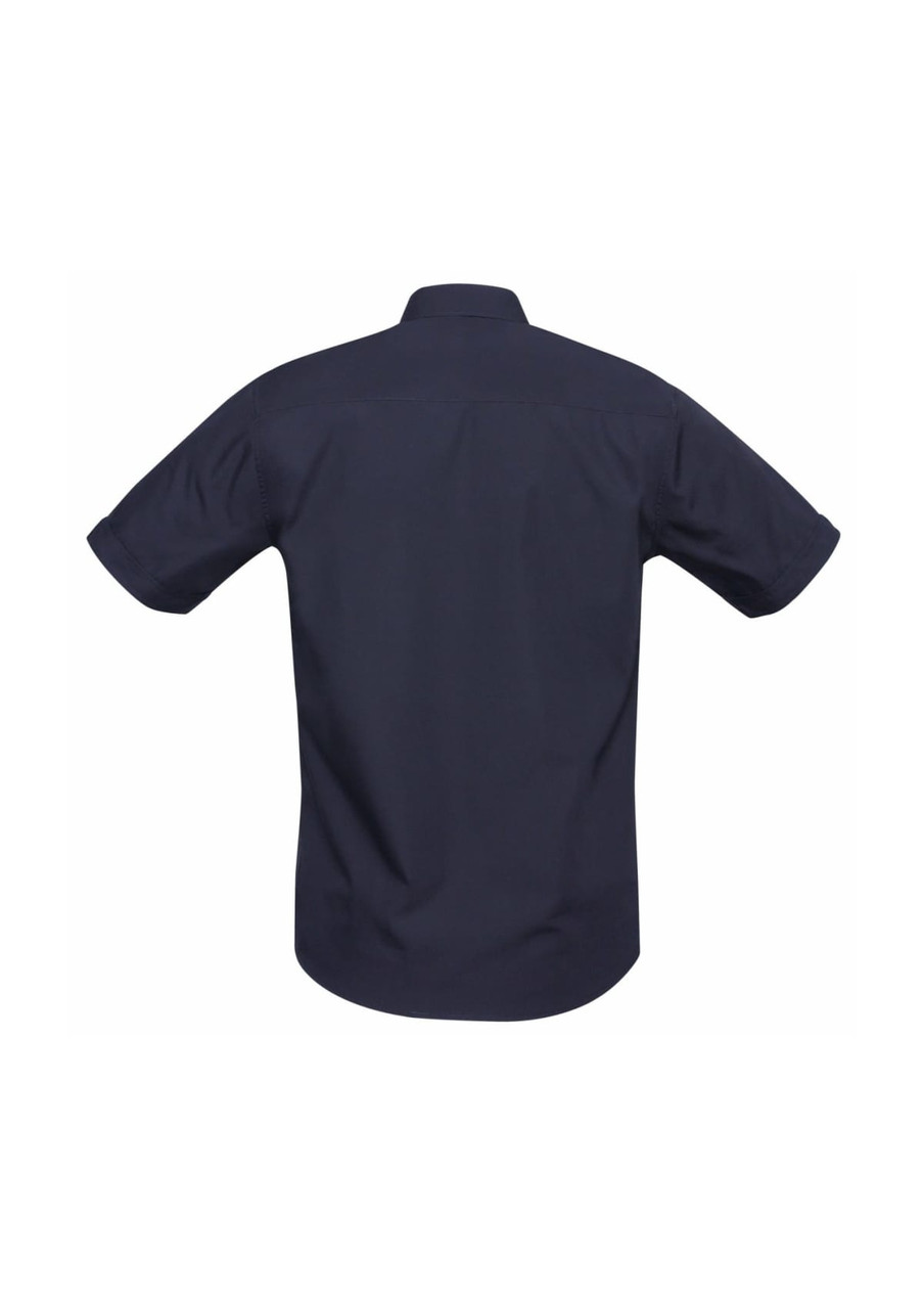 A navy blue short sleeve button-up shirt featuring a back yoke and branded logo.