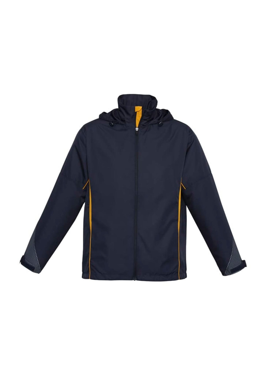 A unisex jacket in navy with yellow accents, featuring a hood and a logo on the front.