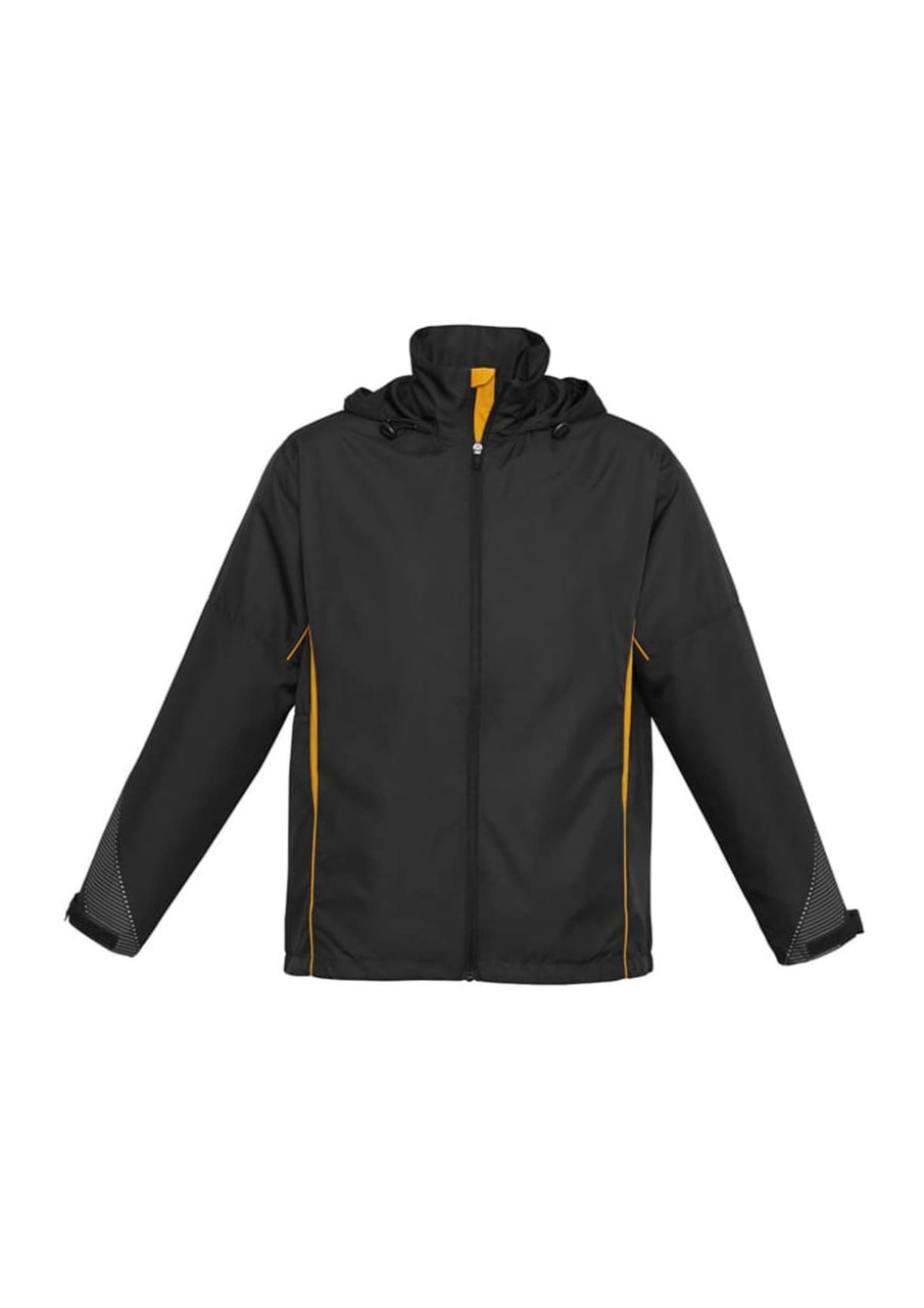 A black unisex jacket with yellow accents and a hood, featuring long sleeves and a zip front, including a logo.