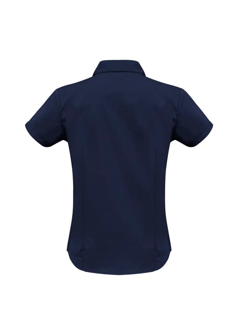 A women's navy short sleeve button-up shirt with a collar, featuring a sleek, tailored design and a logo.