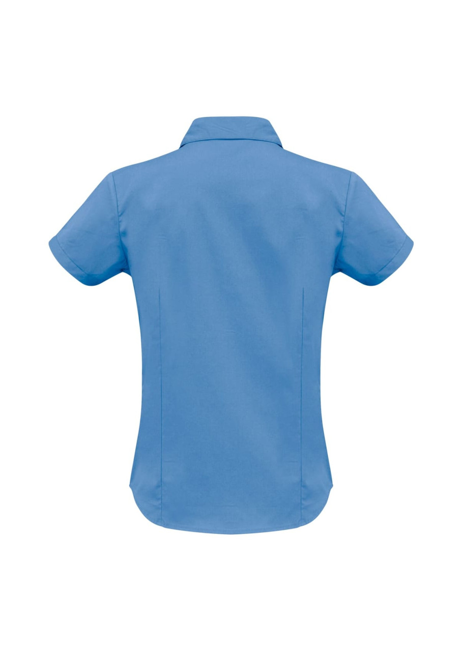 A blue women's button-up shirt with short sleeves, featuring a collar and a plain back design.