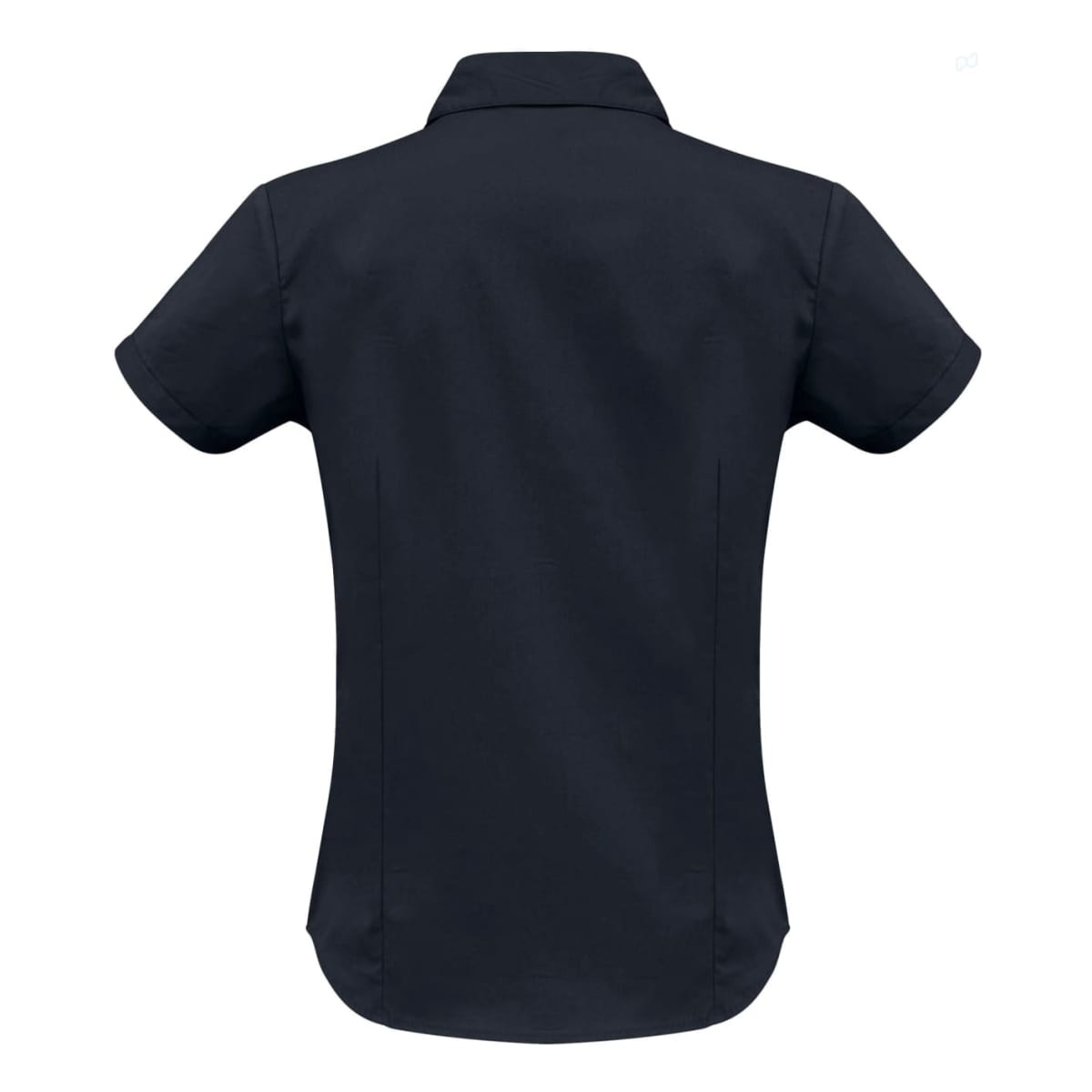 A women's short sleeve button-up shirt in navy blue, featuring a subtle design and a logo on the back.