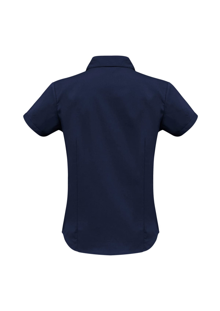 A navy women's short sleeve button-up shirt with a fitted design and a collar, featuring a back seam detail.