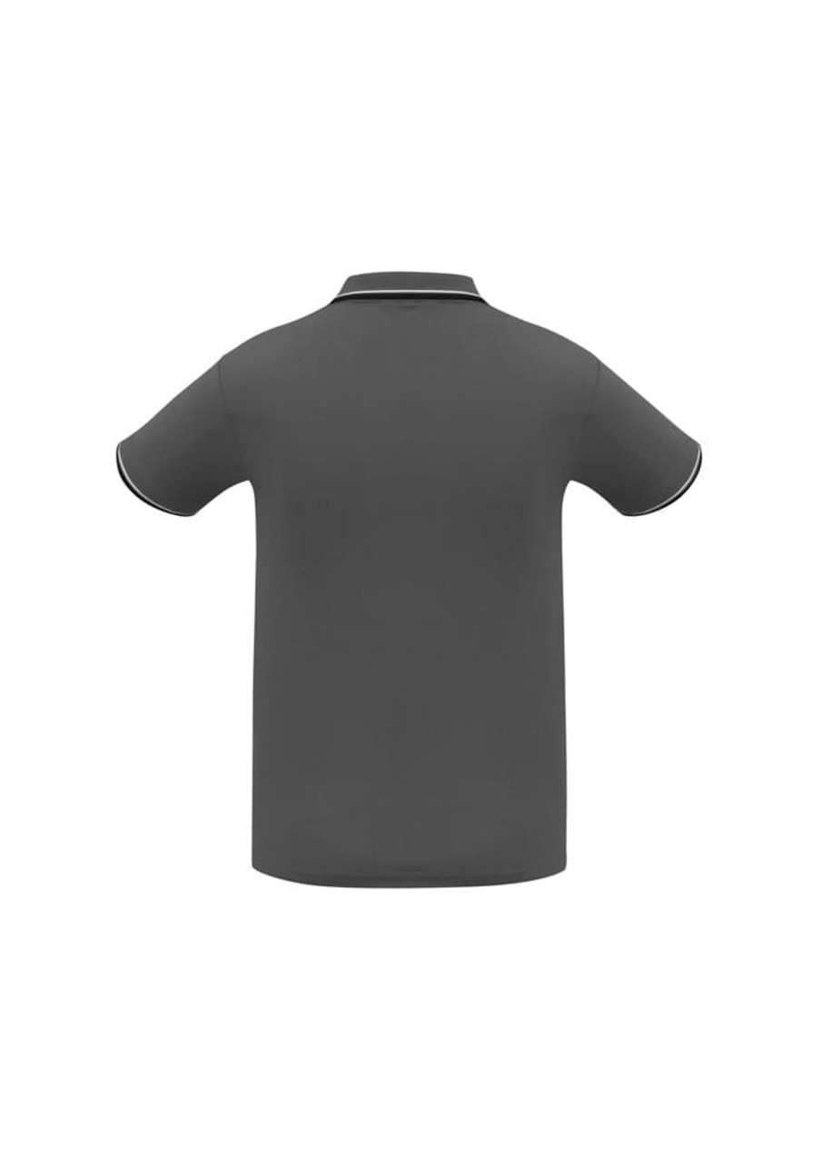 A grey men's short sleeve polo shirt featuring contrasting trim and a collar, with a logo on the chest.